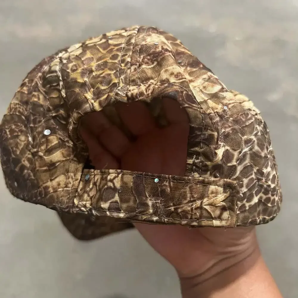 Python Skin Pattern Crinkle Baseball Cap with Rhinestone Embellishments